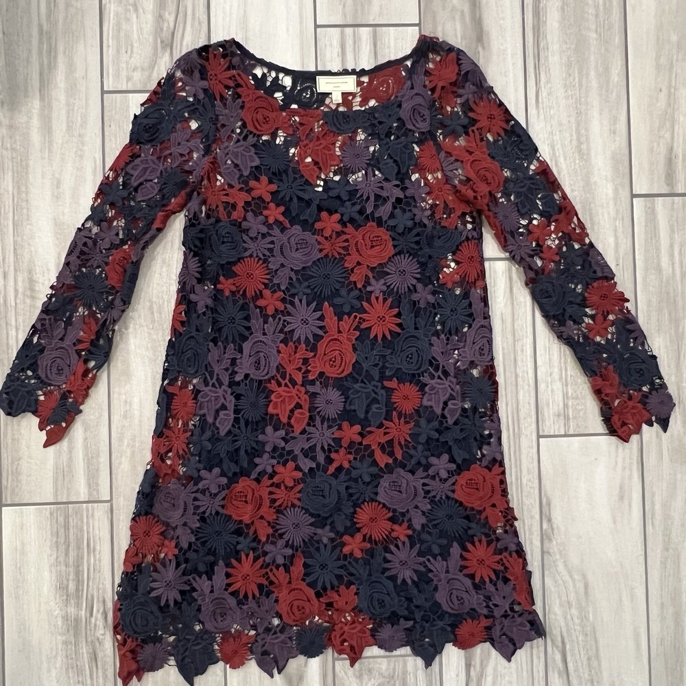 Moulinette Soeurs Lace Dress Womens 4 Navy Burgundy Floral Shift Long Slv